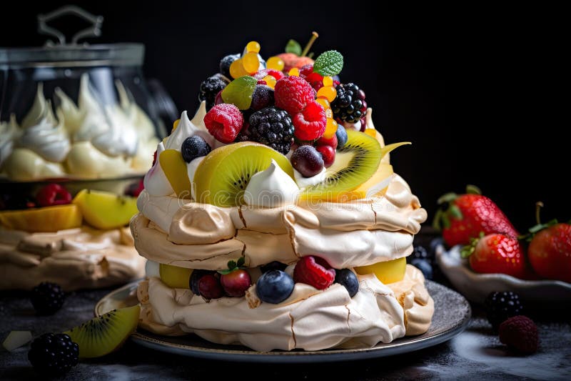 Towering Meringue Dessert with Fresh Fruit and Custard Sauce Stock