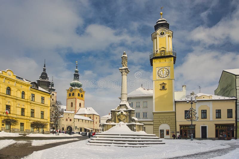 Věže v Banské Bystrici v zimě se sněhem