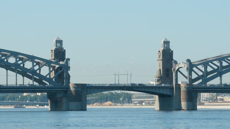 Towers of Peter the Great Bridge in the summer - St Petersburg, Russia