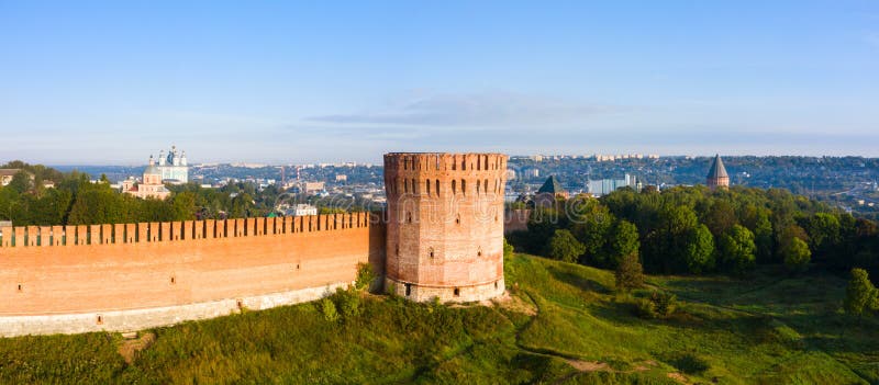 Towers of Smolensk fortress wall. The southern wall of the Smolensk Kremlin and a panorama of the city of Smolensk from a flight height, Russia.