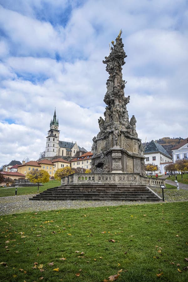 Town castle and plague column in Kremnica, Slovakia, travel destination