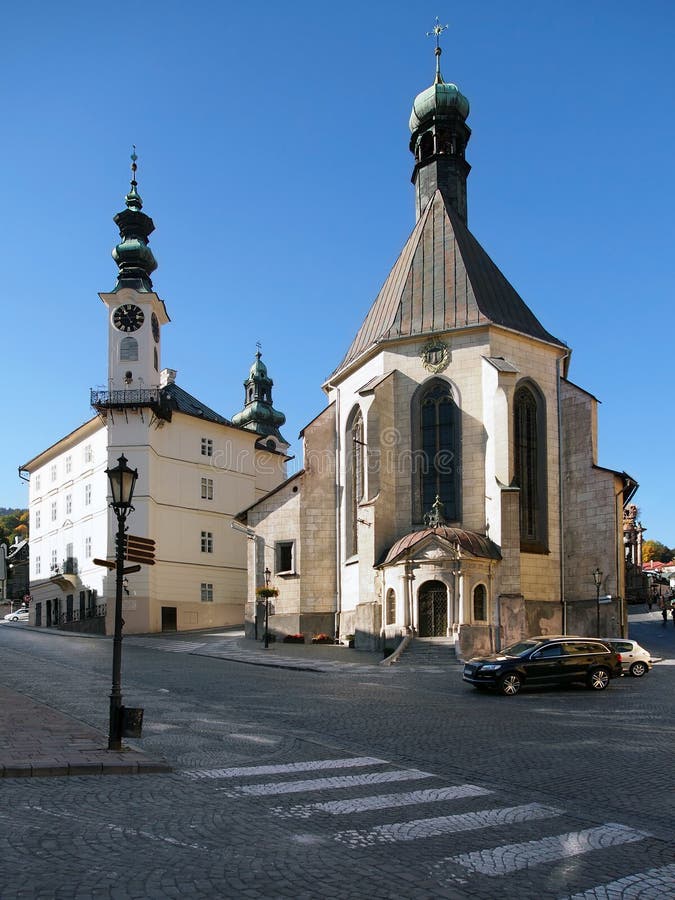 Town hall and Church in Banska Stiavnica royalty free stock photos Town hall and Church in Banska Stiavnica royalty free stock photos