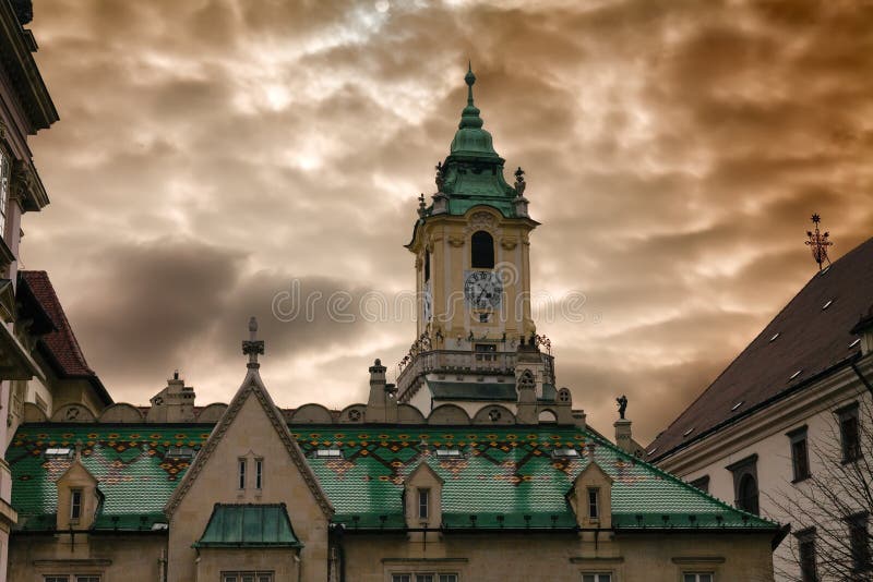 Town hall and dramatic cloudy sky