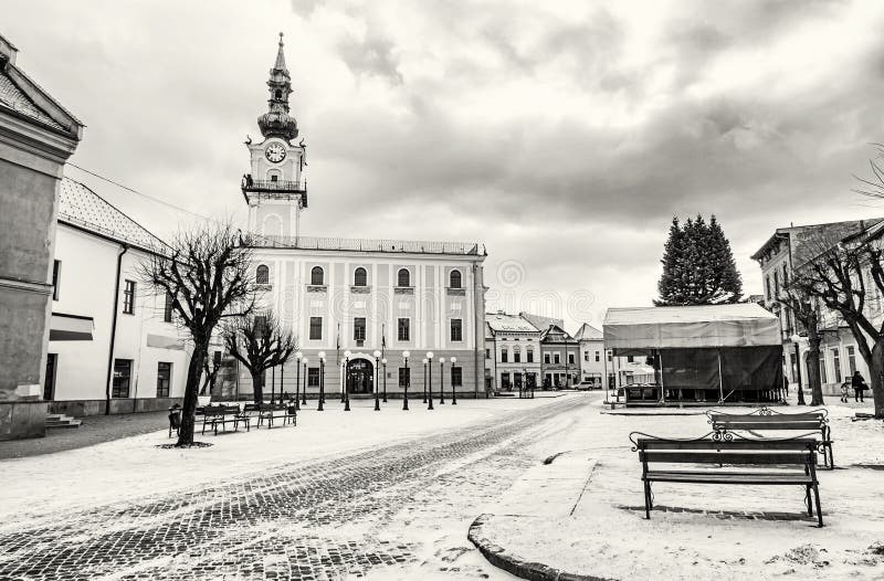 Town hall in main square, Kezmarok, Slovakia, colorless