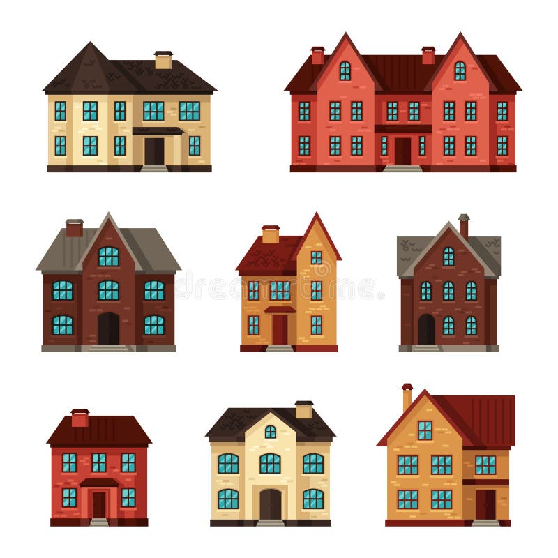 Town icon set of cottages and houses royalty free illustration