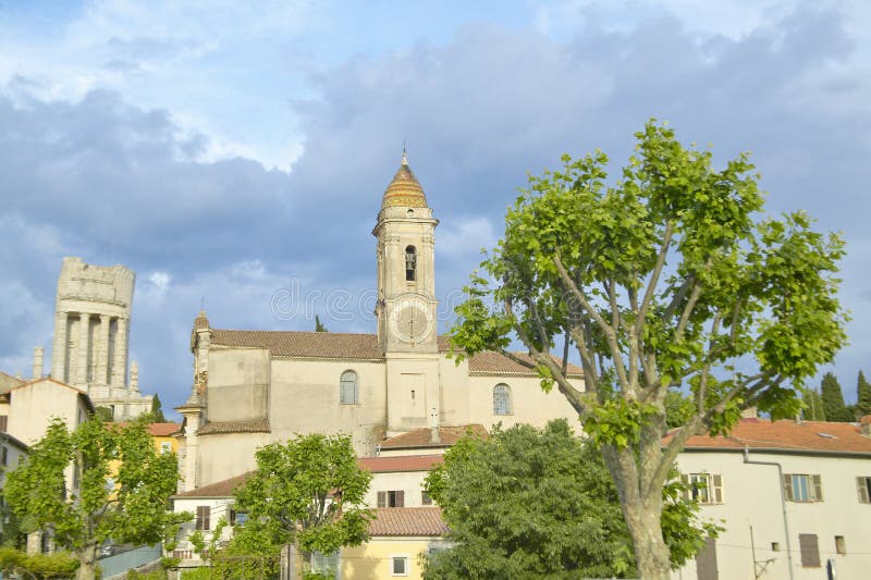 Town of La Turbie with Trophee des Alpes and church, France