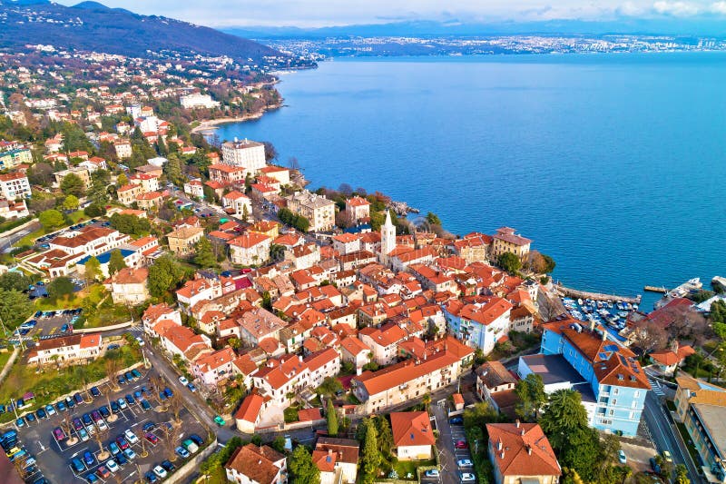 Town of Lovran and Kvarner bay aerial view