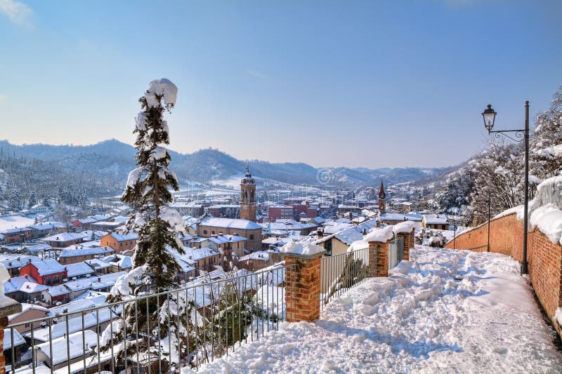 Town under the snow. Corneliano D'Alba, Italy. royalty free stock photos
