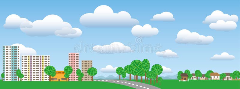 Town and village landscape in nature on a sunny day