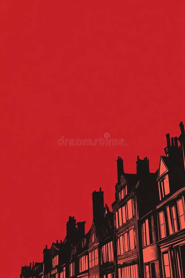 Townhouses Silhouetted on Crimson Background Version
