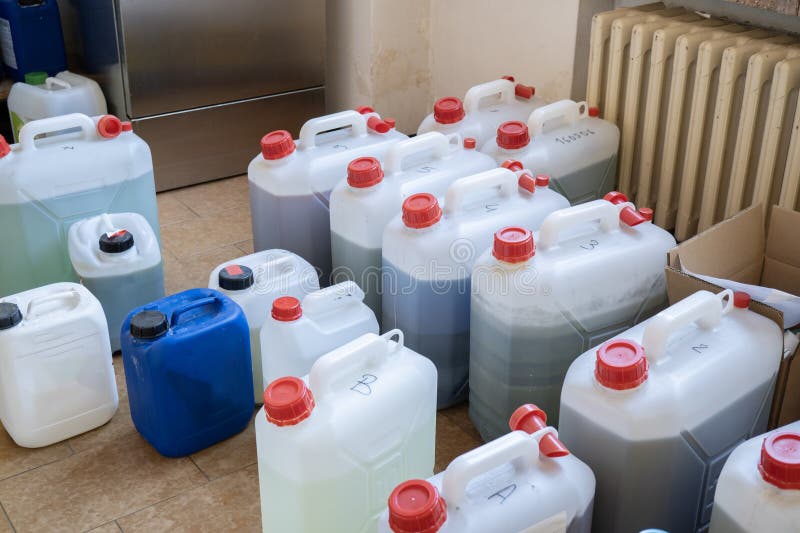 Toxic Waste in Jerry Cans in the Chemistry Laboratory. Stock Photo