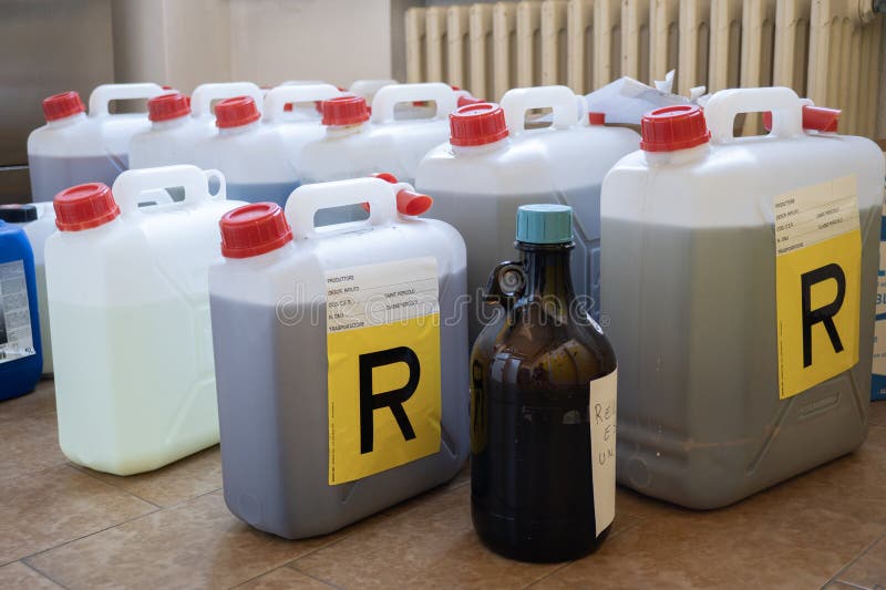 Toxic Waste in Jerry Cans in the Chemistry Laboratory Stock Photo