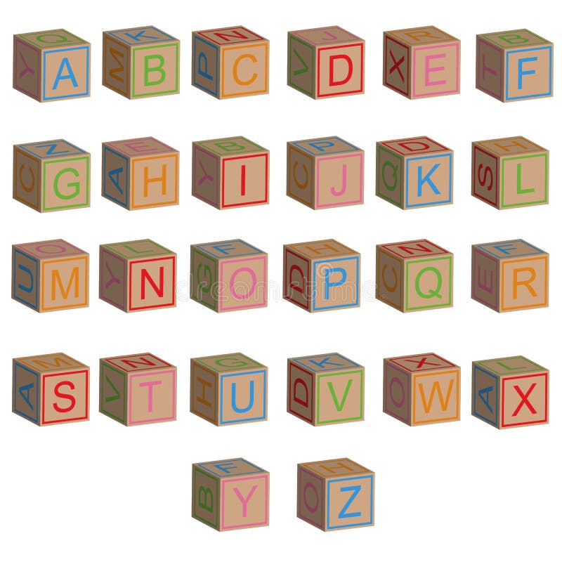 Letter blocks font. 3d children toys english alphabet, baby cubes