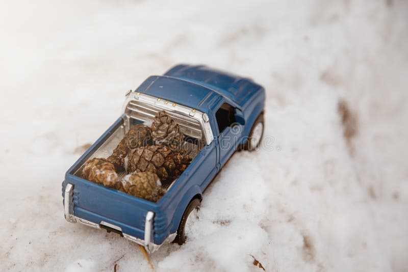 A toy. Blue pickup truck in winter forest on the road. Top view. Carrying fir cones in the back of a car body