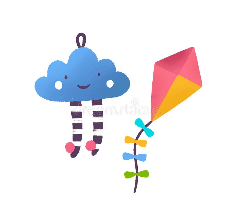 Toy cloud and kite flat vector illustration. Colorful childish playthings. Kid game attributes. Smiling cloud