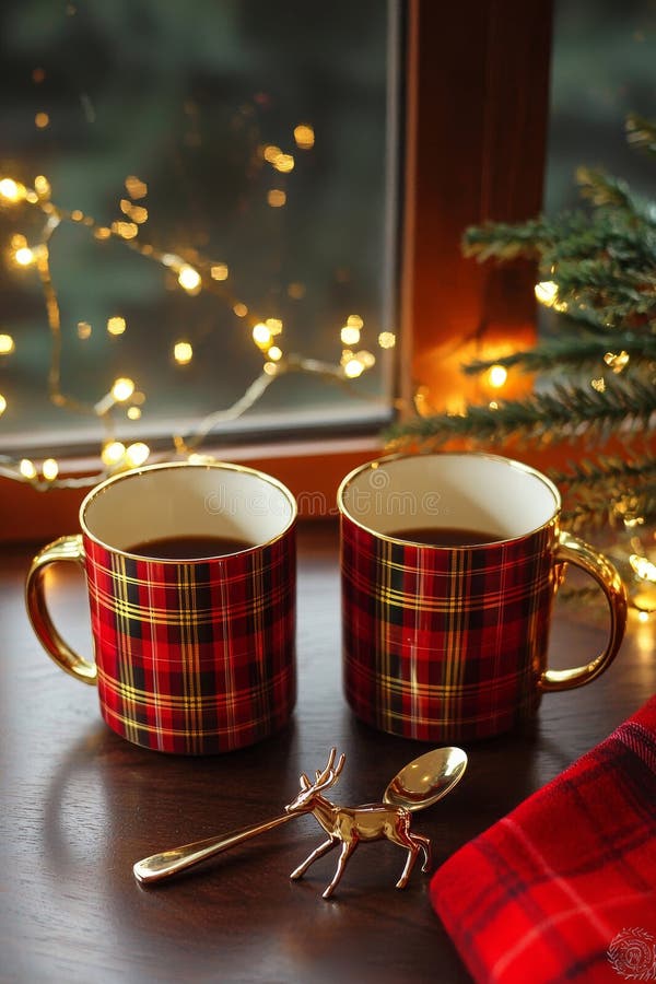 Toy deer with mugs on rustic holiday background stock images