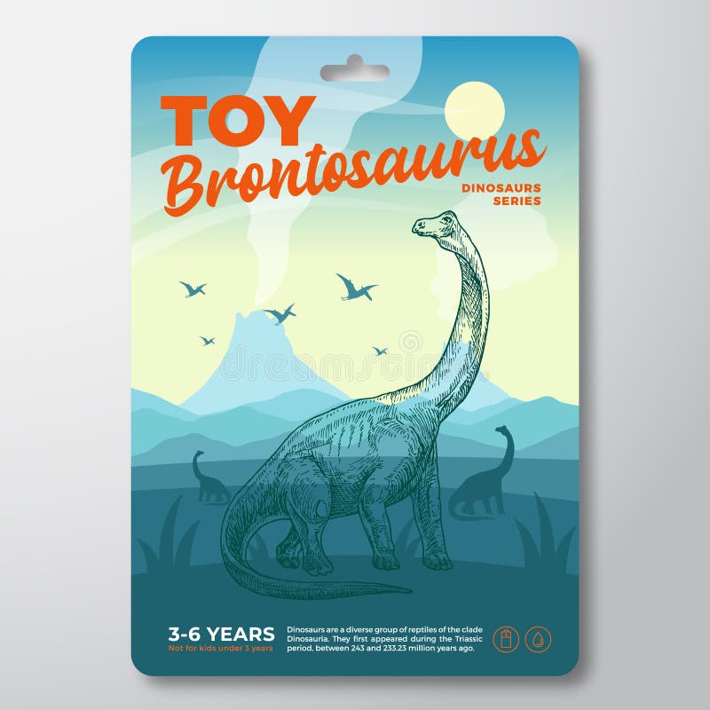 Toy Dinosaur Label Template. Abstract Vector Packaging Design Layout. Modern Typography with Prehistoric Volcano