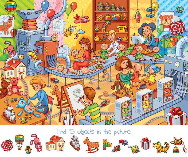 Toy factory. Find 15 objects in the picture