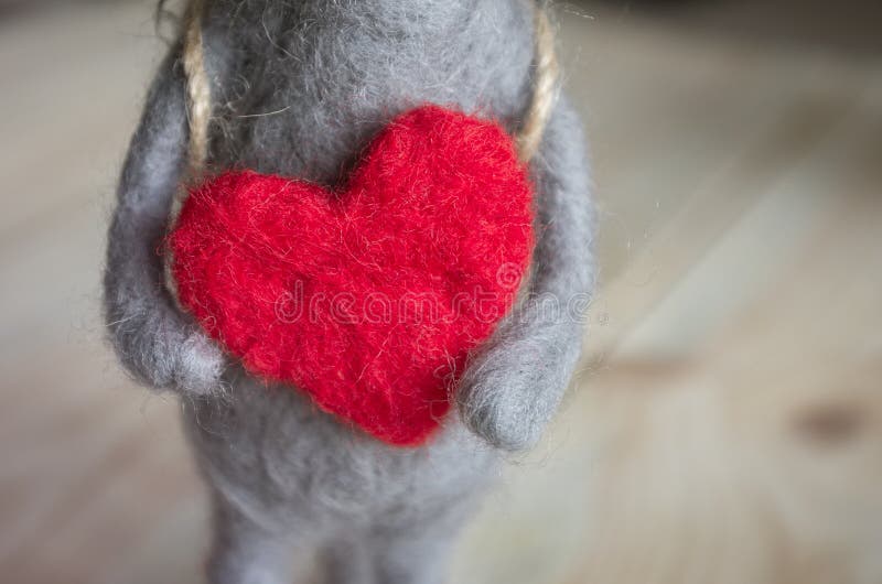 Toy Mouse Made of Wool in the Hands of a Big Red Heart Stock Image Image of wooden, white
