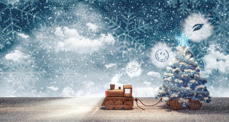 Toy train arriving with Christmas tree at snowy winter night 3D Rendering. Night train stock images, royalty-free photos and pictures