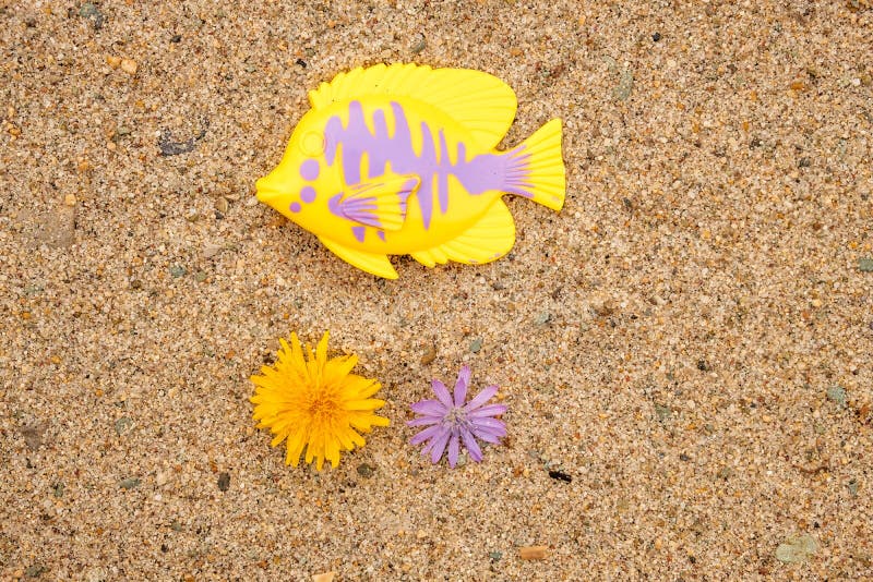 Toy yellow fish with a purple broken line on the side of the background sand beach below are two flowers of yellow and lilac