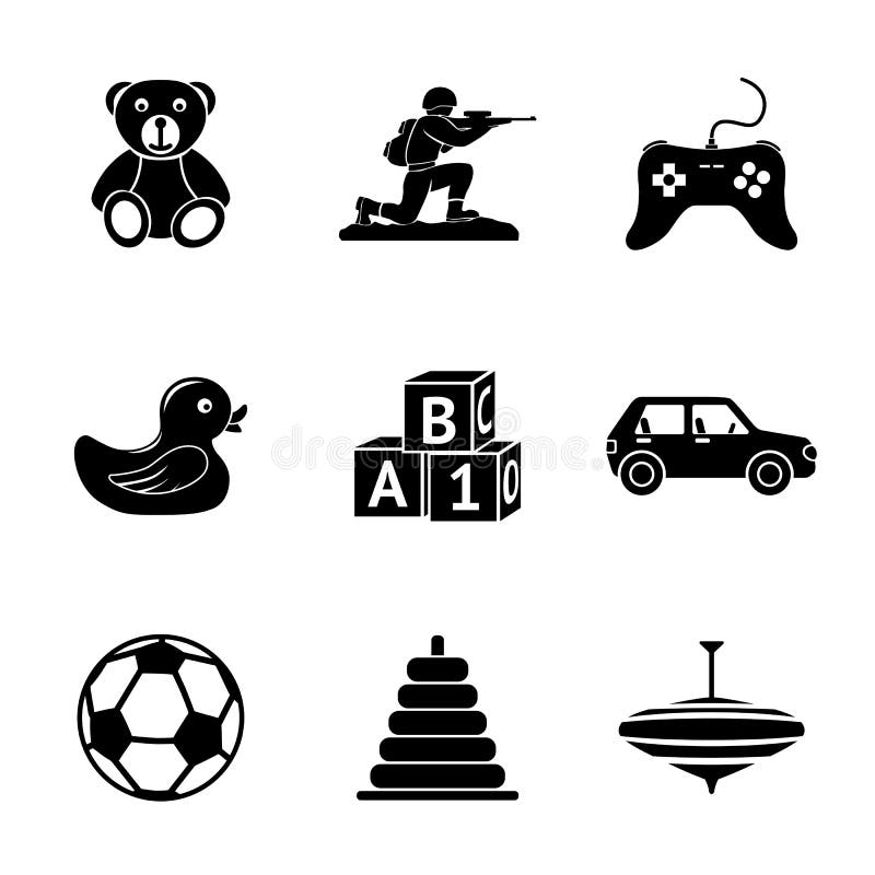 Toys icons set with - car, duck, bear, pyramid