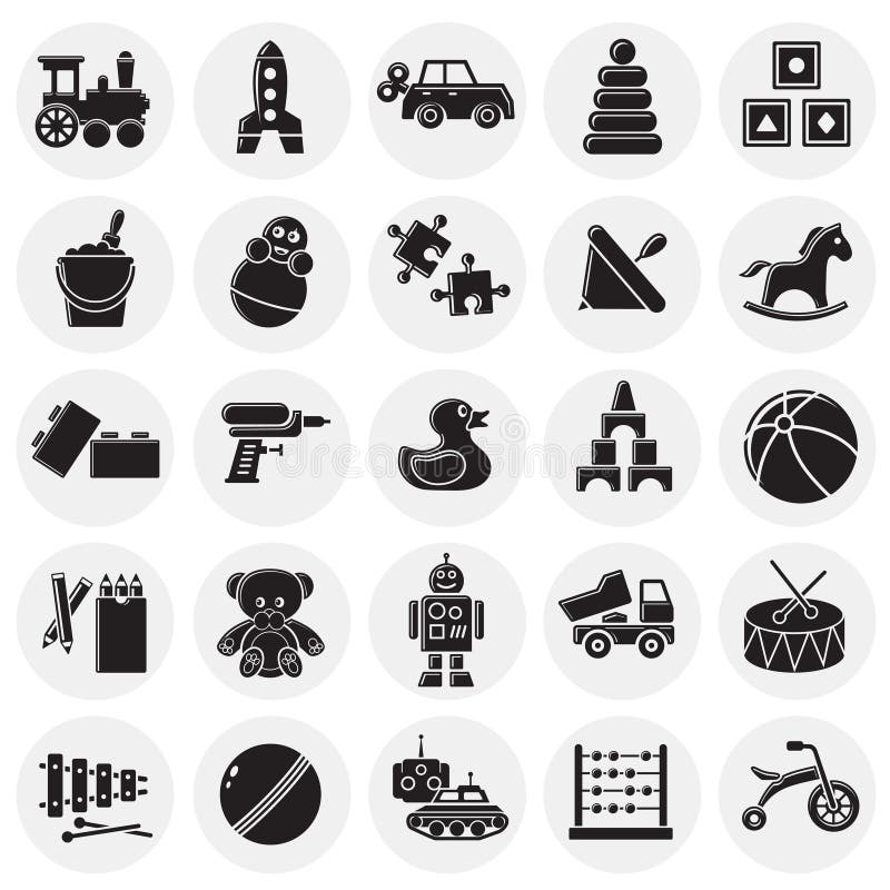 Toys icons set on circles background for graphic and web design. Simple vector sign. Internet concept symbol for website stock illustration