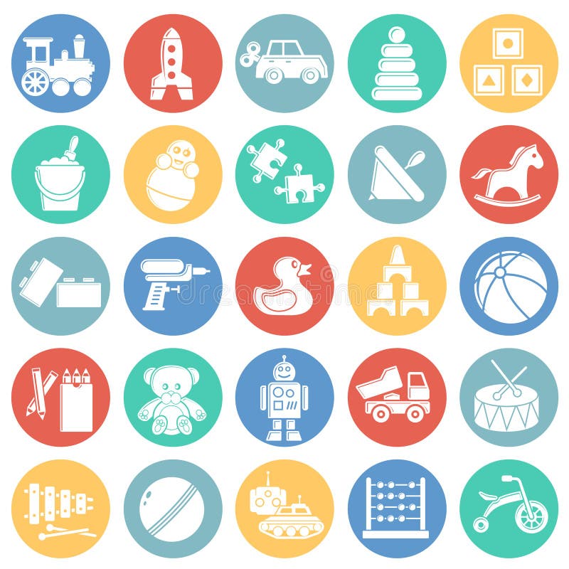 Toys icons set on color circles white background for graphic and web design. Simple vector sign. Internet concept symbol royalty free illustration
