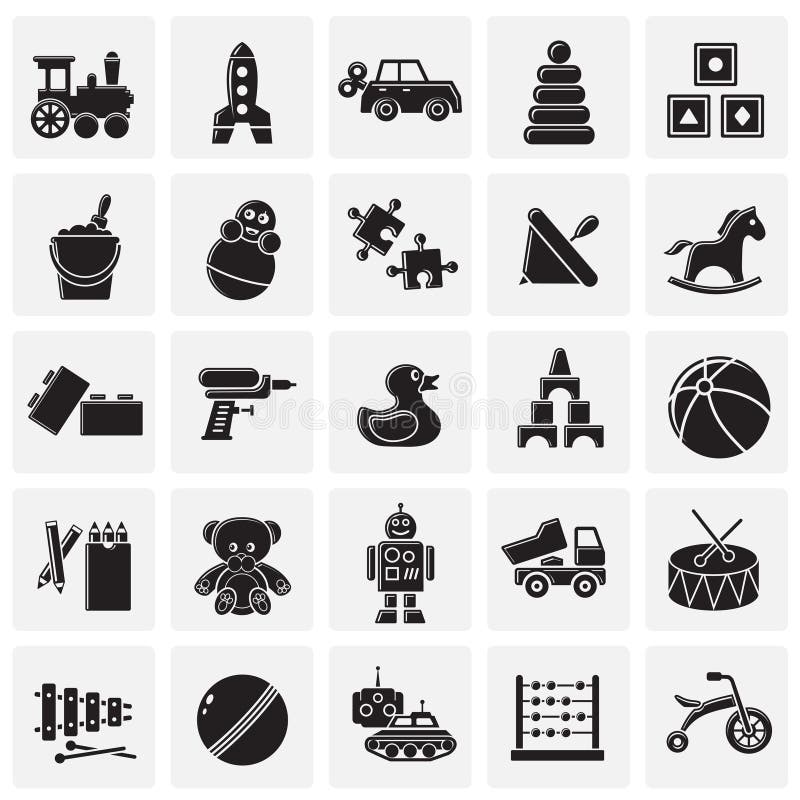 Toys icons set on squares background for graphic and web design. Simple vector sign. Internet concept symbol for website vector illustration