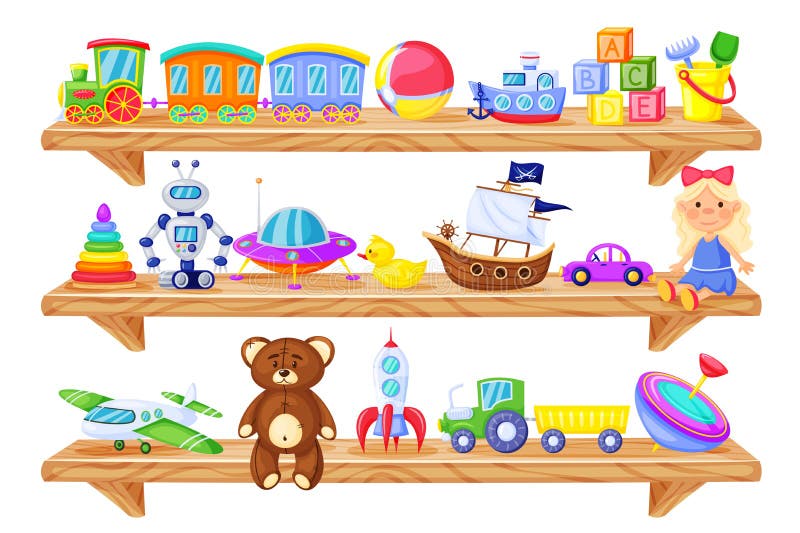 Toys on shelves. Cartoon wooden store shelf with kids toys baby doll, train, robot, teddy bear, rocket. Children plastic vector illustration