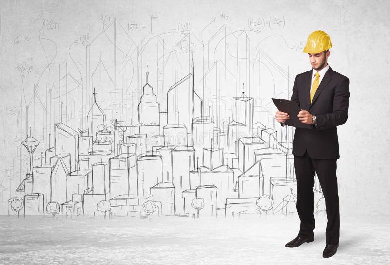Trabajador de construcción con el fondo del paisaje urbano fotos de archivo Trabajador de construcción con el fondo del paisaje urbano fotos de archivo