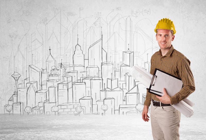 Trabajador de construcción con el fondo del paisaje urbano imagen de archivo Trabajador de construcción con el fondo del paisaje urbano imagen de archivo