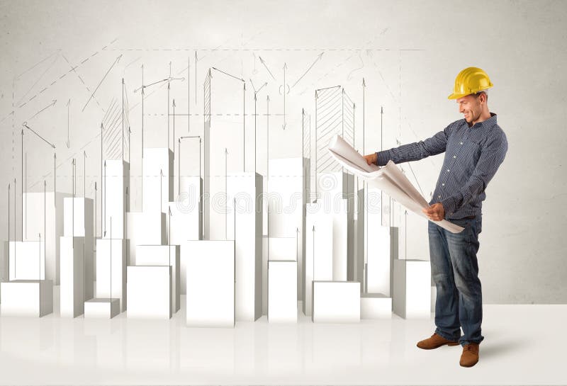 Trabajador de construcción que acepilla con los edificios 3d en fondo fotos de archivo libres de regalías Trabajador de construcción que acepilla con los edificios 3d en fondo fotos de archivo libres de regalías