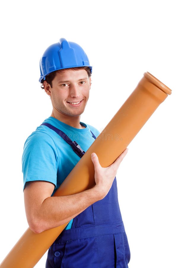 Trabajador de cuello azul con el tubo fotografía de archivo Trabajador de cuello azul con el tubo fotografía de archivo