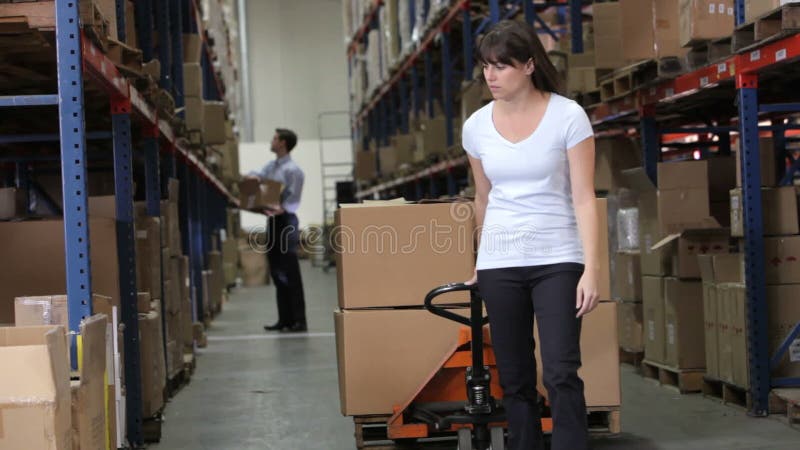 Trabajador de sexo femenino que tira de la plataforma en Warehouse