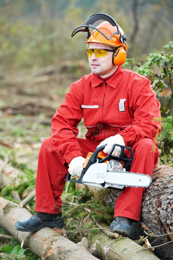 Trabajador del leñador con la motosierra en el bosque fotografía de archivo Trabajador del leñador con la motosierra en el bosque fotografía de archivo