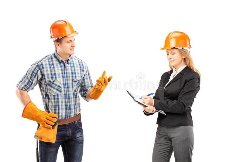 Male manual worker having a conversation with female architect, isolated on white background. Male manual worker having a conversation with female architect, isolated on white background