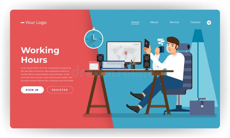 Trabajador plano de las horas de trabajo del concepto de diseño del sitio web del diseño de la maqueta ilustración del vector Trabajador plano de las horas de trabajo del concepto de diseño del sitio web del diseño de la maqueta ilustración del vector