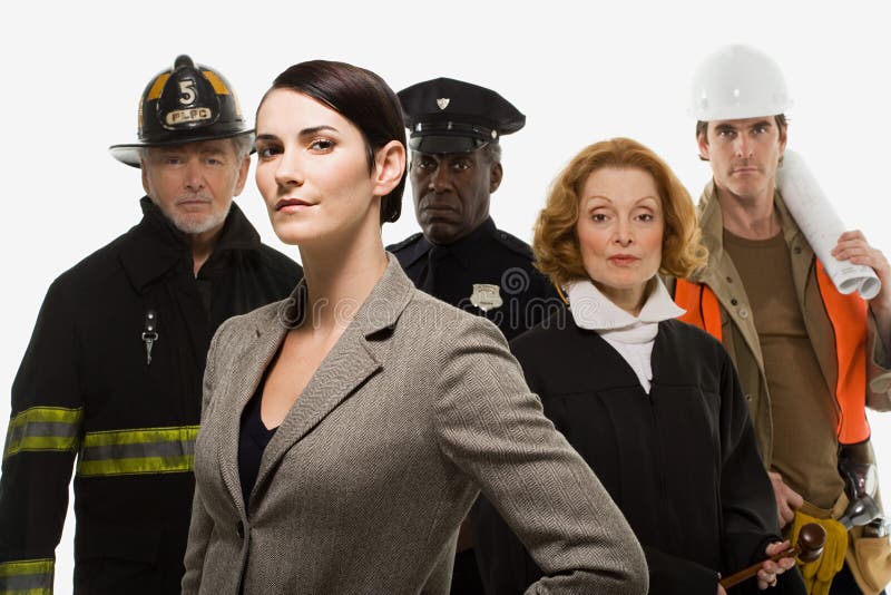 Trabajador y empresaria de construcción del juez del oficial de policía del bombero imagen de archivo Trabajador y empresaria de construcción del juez del oficial de policía del bombero imagen de archivo