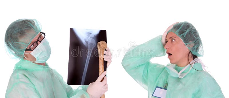 Surgeon with xray and bone and shouting shocked healthcare worker. Surgeon with xray and bone and shouting shocked healthcare worker