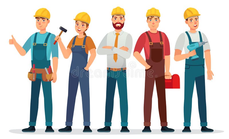 Trabajadores industriales. técnico profesional ingeniero mecánico con casco y grupo de expertos profesionales caricatura stock de ilustración