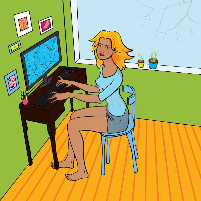 Young woman working on the computer at her cozy home office. She is wearing blue shirt and grey-blue shorts, but no shoes. Young woman working on the computer at her cozy home office. She is wearing blue shirt and grey-blue shorts, but no shoes.