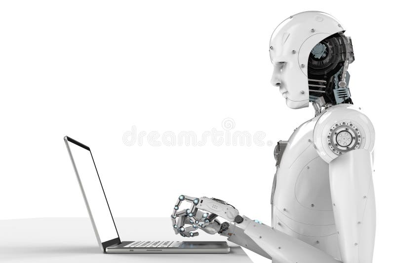 Trabajo del robot sobre el ordenador portátil stock de ilustración Trabajo del robot sobre el ordenador portátil stock de ilustración