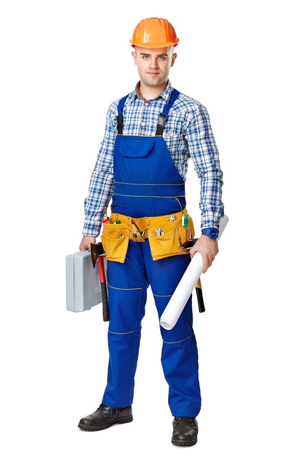 Trabalhador da construção com caixa de ferramentas e desenhos foto de stock Trabalhador da construção com caixa de ferramentas e desenhos foto de stock
