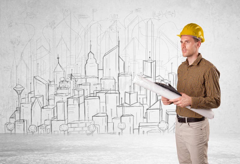 Trabalhador da construção com fundo da arquitetura da cidade imagens de stock royalty free Trabalhador da construção com fundo da arquitetura da cidade imagens de stock royalty free