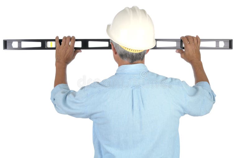 Construction Worker Using Level isolated on white seen from behind. Construction Worker Using Level isolated on white seen from behind