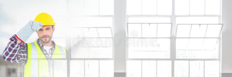Trabalhador da construção na frente do canteiro de obras com efeito da transição das janelas imagens de stock royalty free Trabalhador da construção na frente do canteiro de obras com efeito da transição das janelas imagens de stock royalty free