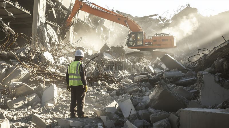 Trabalhador da construção que supervisiona a demolição do escavador imagem de stock