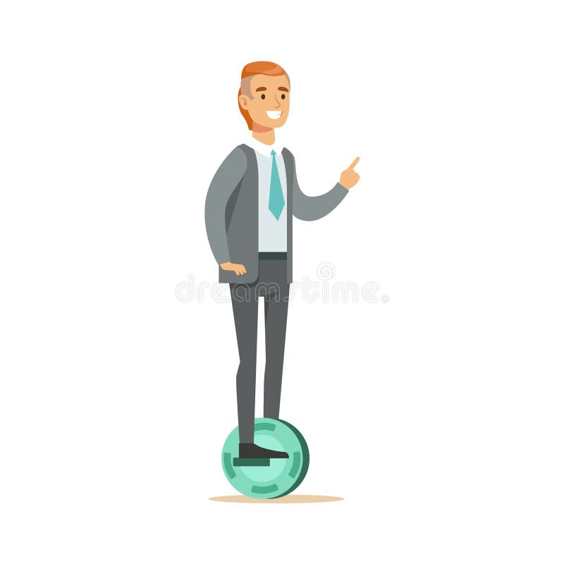 Trabalhador de escritório no terno com o laço que monta desenhos animados bondes pessoais a pilhas deequilíbrio bondes do 'trotin ilustração do vetor Trabalhador de escritório no terno com o laço que monta desenhos animados bondes pessoais a pilhas deequilíbrio bondes do 'trotin ilustração do vetor