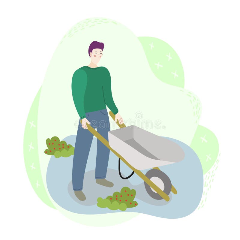 Trabalhador do fazendeiro do homem que guarda um carrinho de mão no campo Cena do trabalho da colheita da agricultura da esta??o ilustração royalty free Trabalhador do fazendeiro do homem que guarda um carrinho de mão no campo Cena do trabalho da colheita da agricultura da esta??o ilustração royalty free